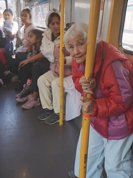 The little girl gave up her seat on the subway to her grandmother