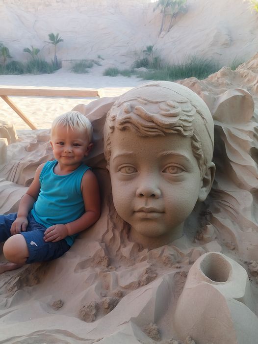 A Boy Sitting Next To A Sand Sculpture Of A Child’s Head